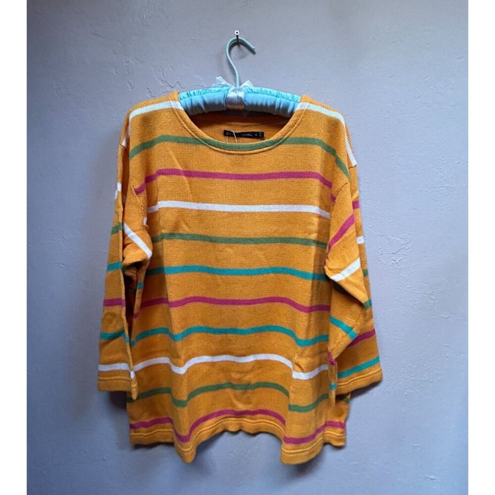 Gudrun Sjoden Women's 3/4 Sleeve Striped Pullover Knit Sweater Orange XL New